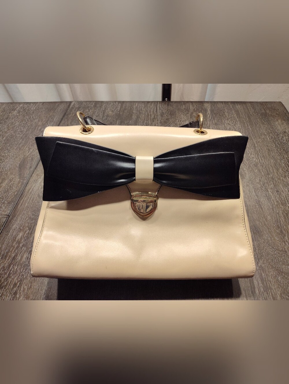 Aldo Cream Color Purse With Black Bow With Top Handle